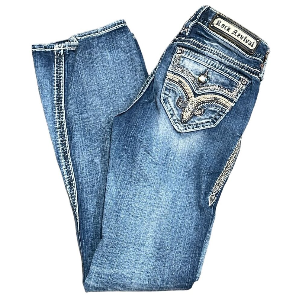 Rock Revival Lanlan Bootcut 27 Jeans Swarovski Leather Insert Faux Flap Pocket - Picture 16 of 16
